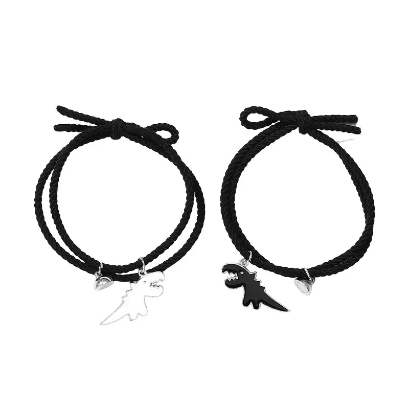 Pulseras de la amistad con dijes de dinosaurios - Cuerda negra ajustable