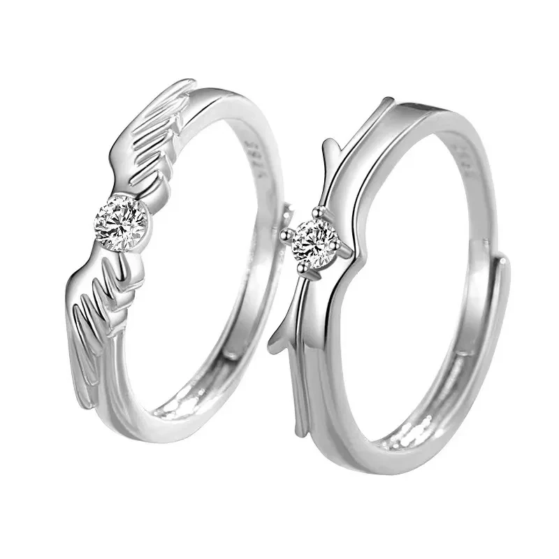 Anillos de pareja con alas de ángel de la guarda - Plata de ley con detalles de diamantes