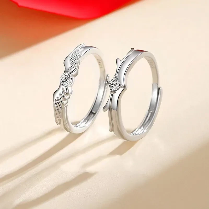 Anillos de pareja con alas de ángel de la guarda - Plata de ley con detalles de diamantes