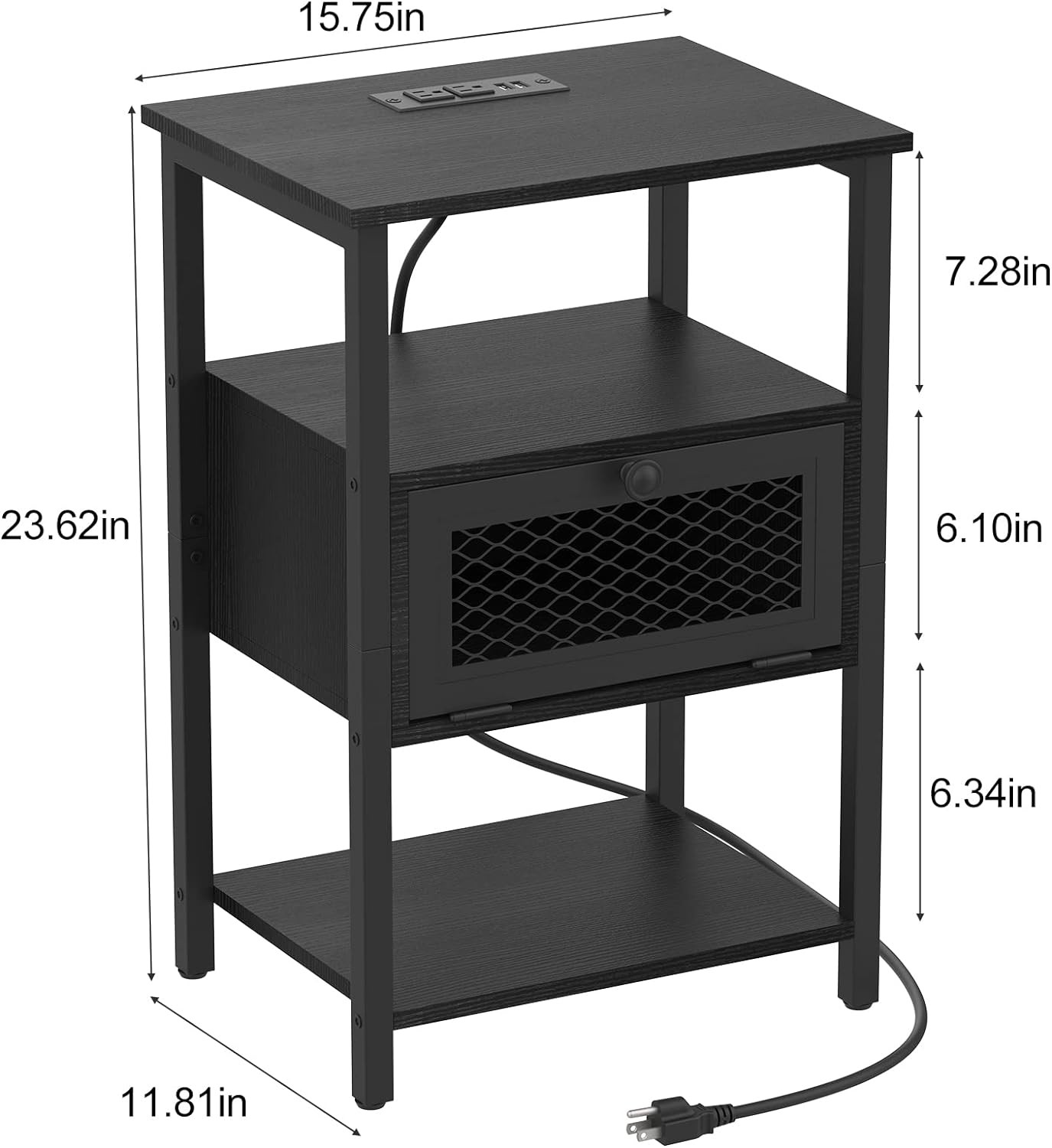 Mesita de noche moderna de 2 piezas: mesa auxiliar con puertos USB, cajón de almacenamiento y mesita de noche.