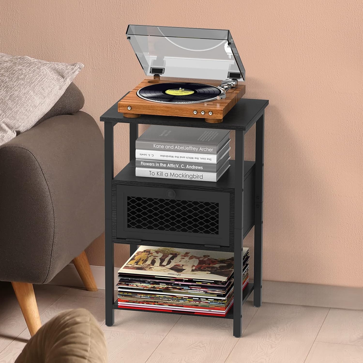 Mesita de noche moderna de 2 piezas: mesa auxiliar con puertos USB, cajón de almacenamiento y mesita de noche.
