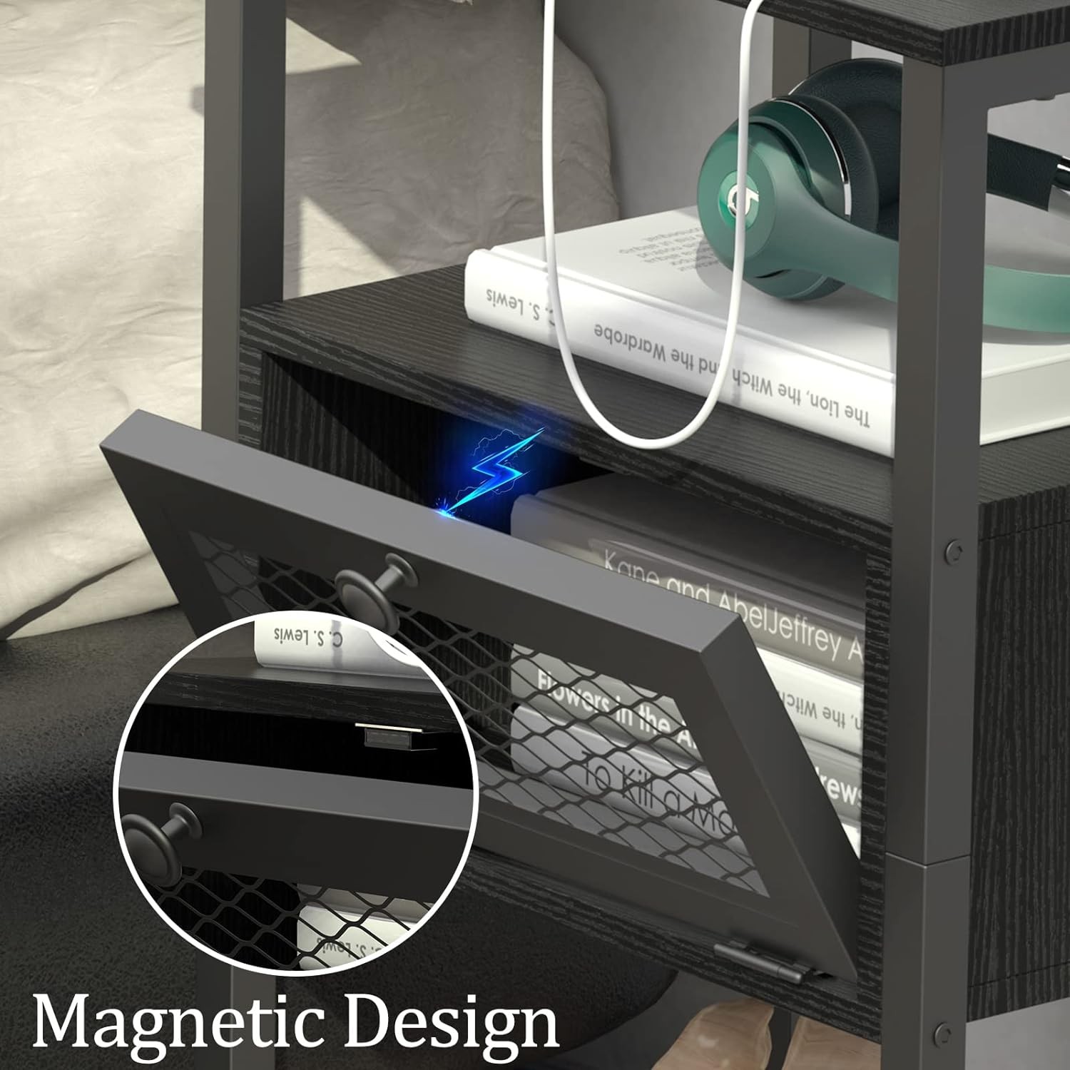 Mesita de noche moderna de 2 piezas: mesa auxiliar con puertos USB, cajón de almacenamiento y mesita de noche.