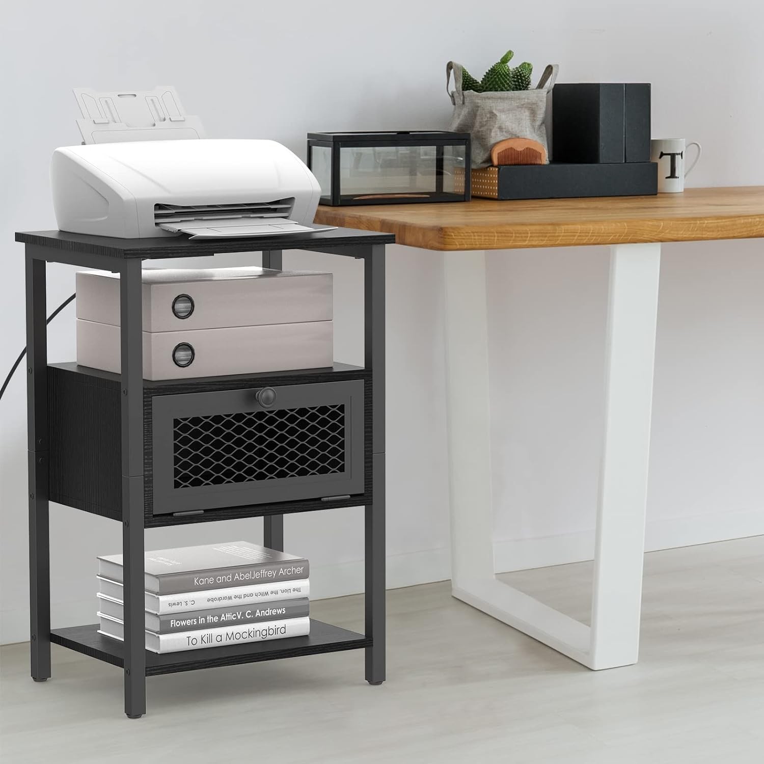 Mesita de noche moderna de 2 piezas: mesa auxiliar con puertos USB, cajón de almacenamiento y mesita de noche.