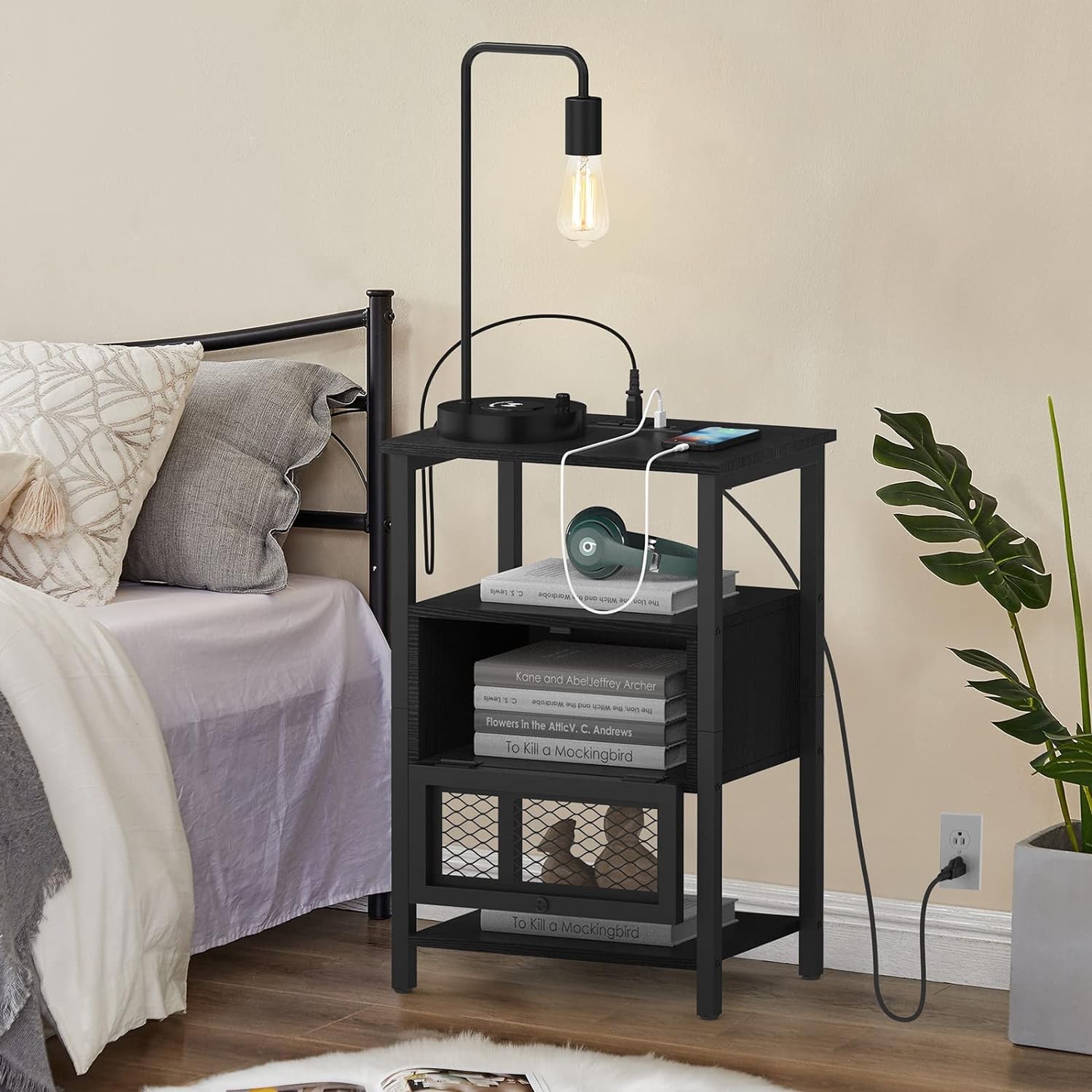 Mesita de noche moderna de 2 piezas: mesa auxiliar con puertos USB, cajón de almacenamiento y mesita de noche.