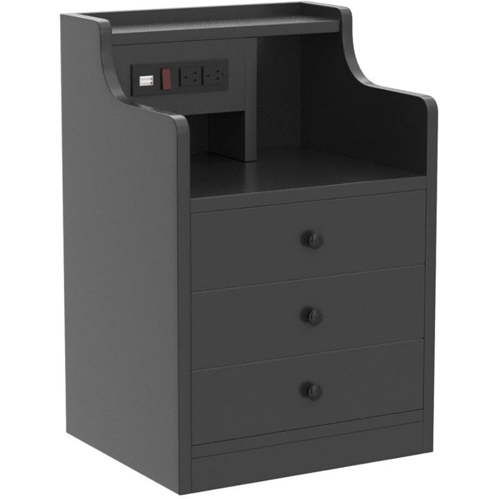 Mesita de noche negra con estación de carga - Mesa auxiliar de sofá de madera de 3 cajones con puertos USB y toma de corriente