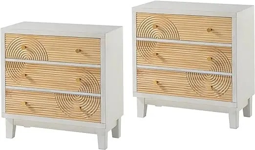 Cómoda rústica con motivo de anillo de madera artesanal - Mesita de noche completamente ensamblada con acabado de madera para un estilo bohemio de mediados de siglo, madera natural