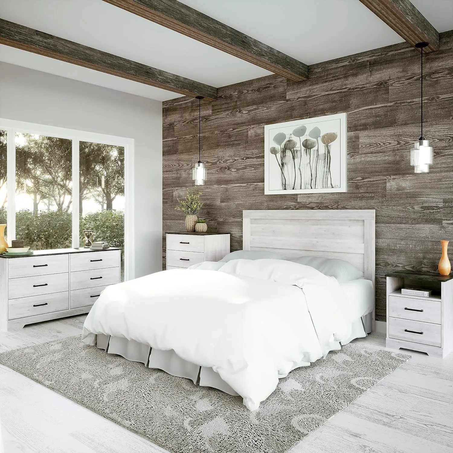 Mesita de noche Prepac Rustic Ridge Farmhouse de 3 cajones, blanco lavado, ADNR-1603-1