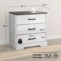 Mesita de noche Prepac Rustic Ridge Farmhouse de 3 cajones, blanco lavado, ADNR-1603-1