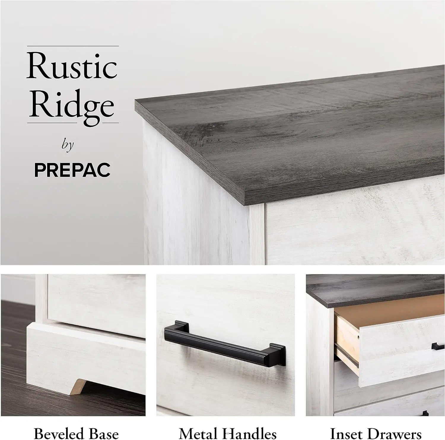 Mesita de noche Prepac Rustic Ridge Farmhouse de 3 cajones, blanco lavado, ADNR-1603-1