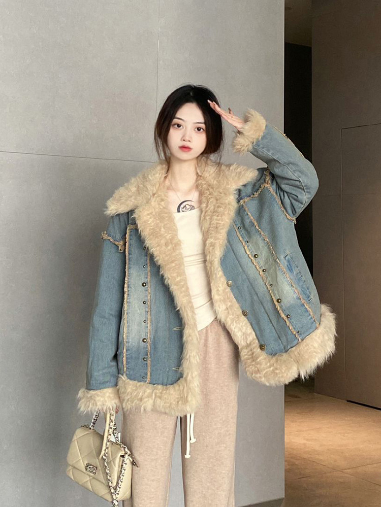 Abrigo vaquero con cuello de piel para mujer, estilo Hong Kong, estilo vintage de invierno
