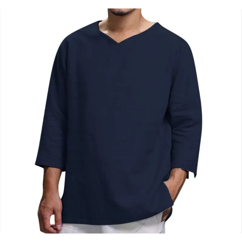 Camisa holgada informal de cuello en V de algodón y lino de manga larga para hombre
