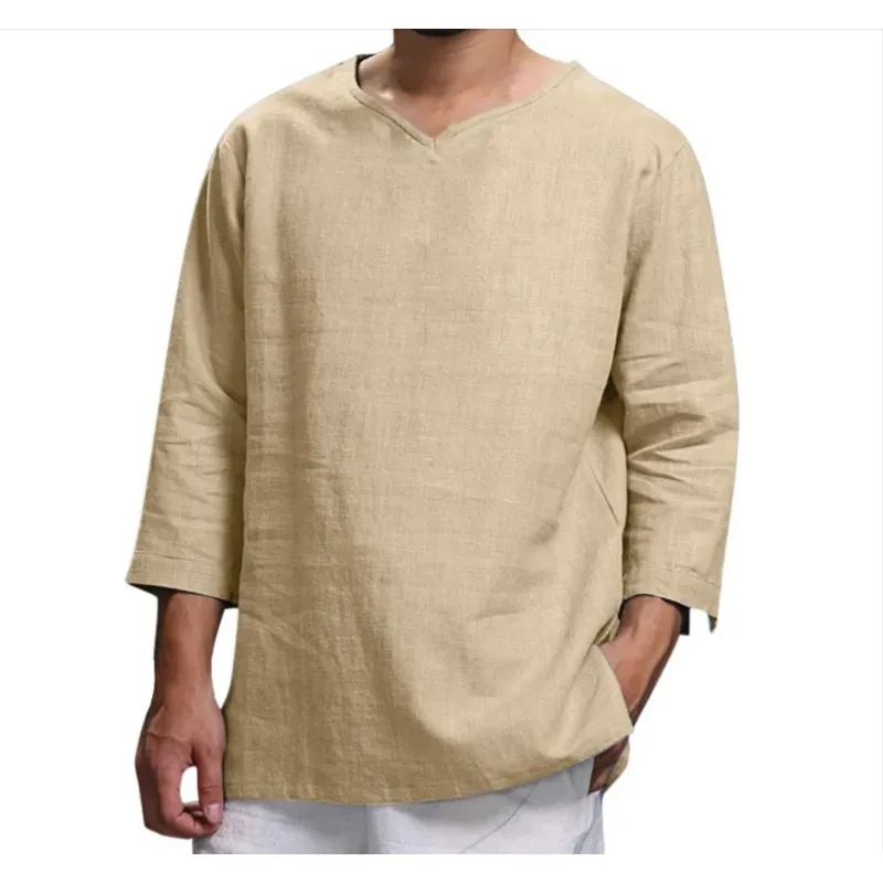 Camisa holgada informal de cuello en V de algodón y lino de manga larga para hombre