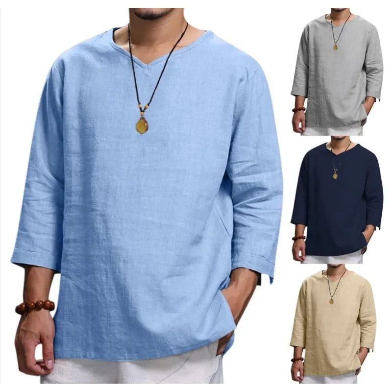 Camisa holgada informal de cuello en V de algodón y lino de manga larga para hombre