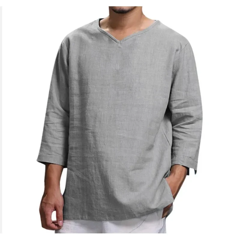 Camisa holgada informal de cuello en V de algodón y lino de manga larga para hombre