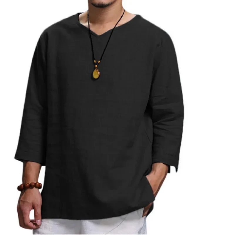 Camisa holgada informal de cuello en V de algodón y lino de manga larga para hombre