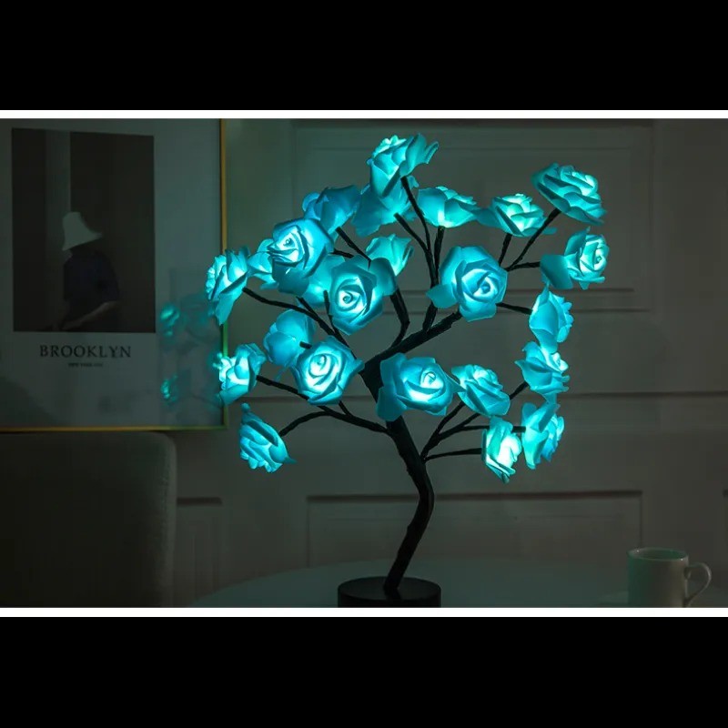 Lámpara de mesa LED con forma de rosa y USB, funciona con pilas