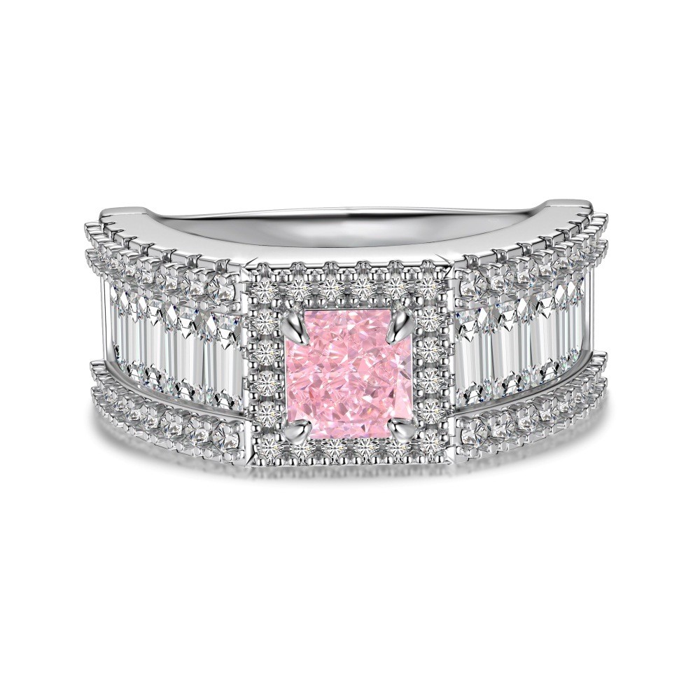 Anillo de bodas con circonitas y flor de hielo rosa radiante