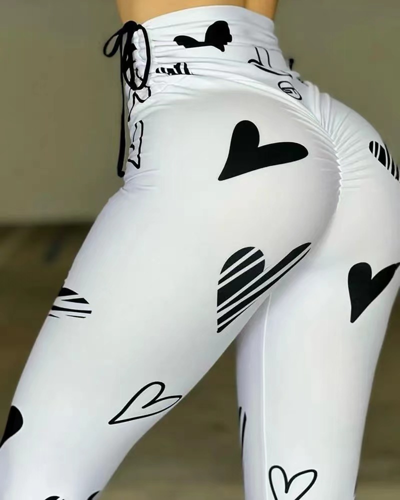 Leggings deportivos de yoga, hip-hop y fitness con estampado de corazón y cordón ajustable