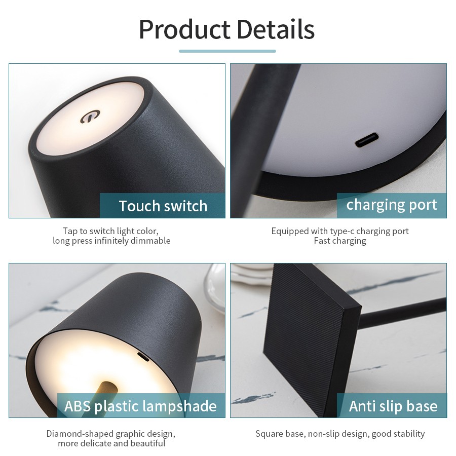 Lámpara de escritorio LED recargable por USB, lámpara táctil inalámbrica, luz LED impermeable para bares, restaurantes, hoteles y dormitorios.