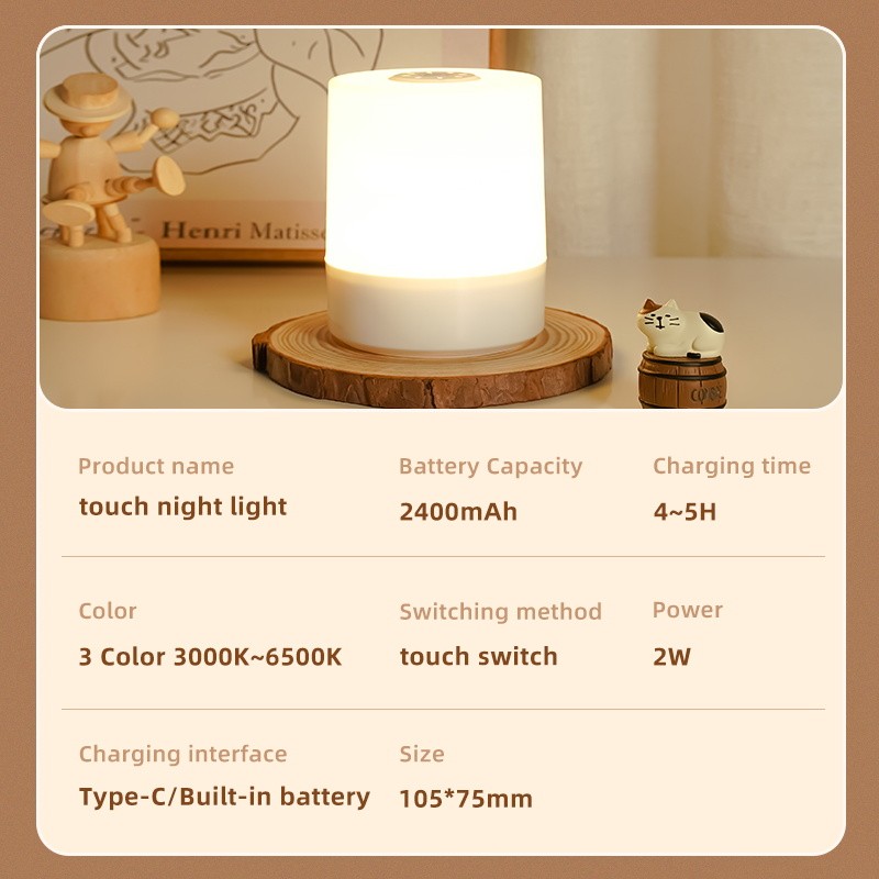 Lámpara de noche LED USB - Lámpara de mesa recargable con interruptor, luces de tres colores, luz nocturna táctil para cocina, pasillo, armario, dormitorio, hogar