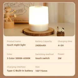 Lámpara de noche LED USB - Lámpara de mesa recargable con interruptor, luces de tres colores, luz nocturna táctil para cocina, pasillo, armario, dormitorio, hogar