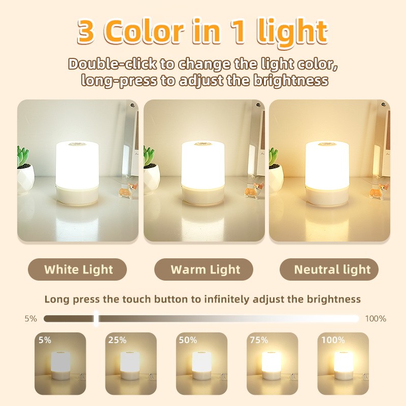 Lámpara de noche LED USB - Lámpara de mesa recargable con interruptor, luces de tres colores, luz nocturna táctil para cocina, pasillo, armario, dormitorio, hogar
