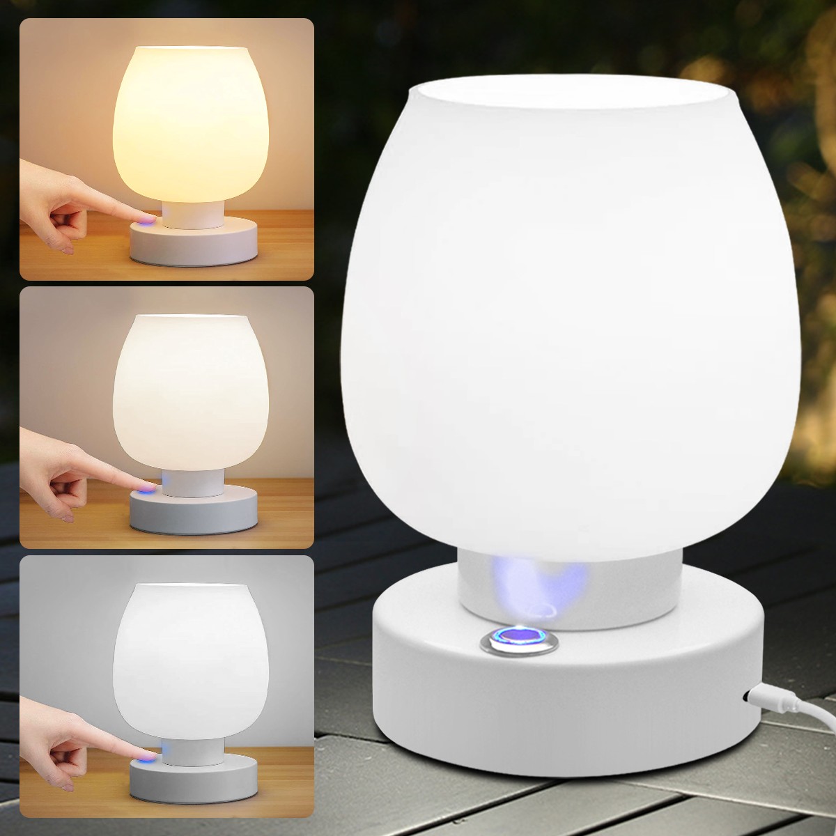 Lámpara de mesita de noche recargable: luz de lectura con control por botón y 3 modos de color para sala de estar, comedor y dormitorio.