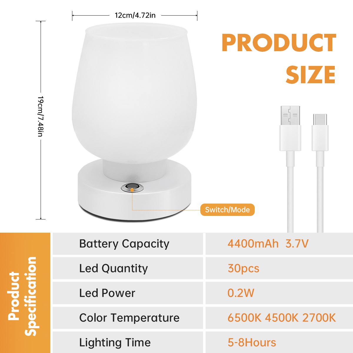 Lámpara de mesita de noche recargable: luz de lectura con control por botón y 3 modos de color para sala de estar, comedor y dormitorio.