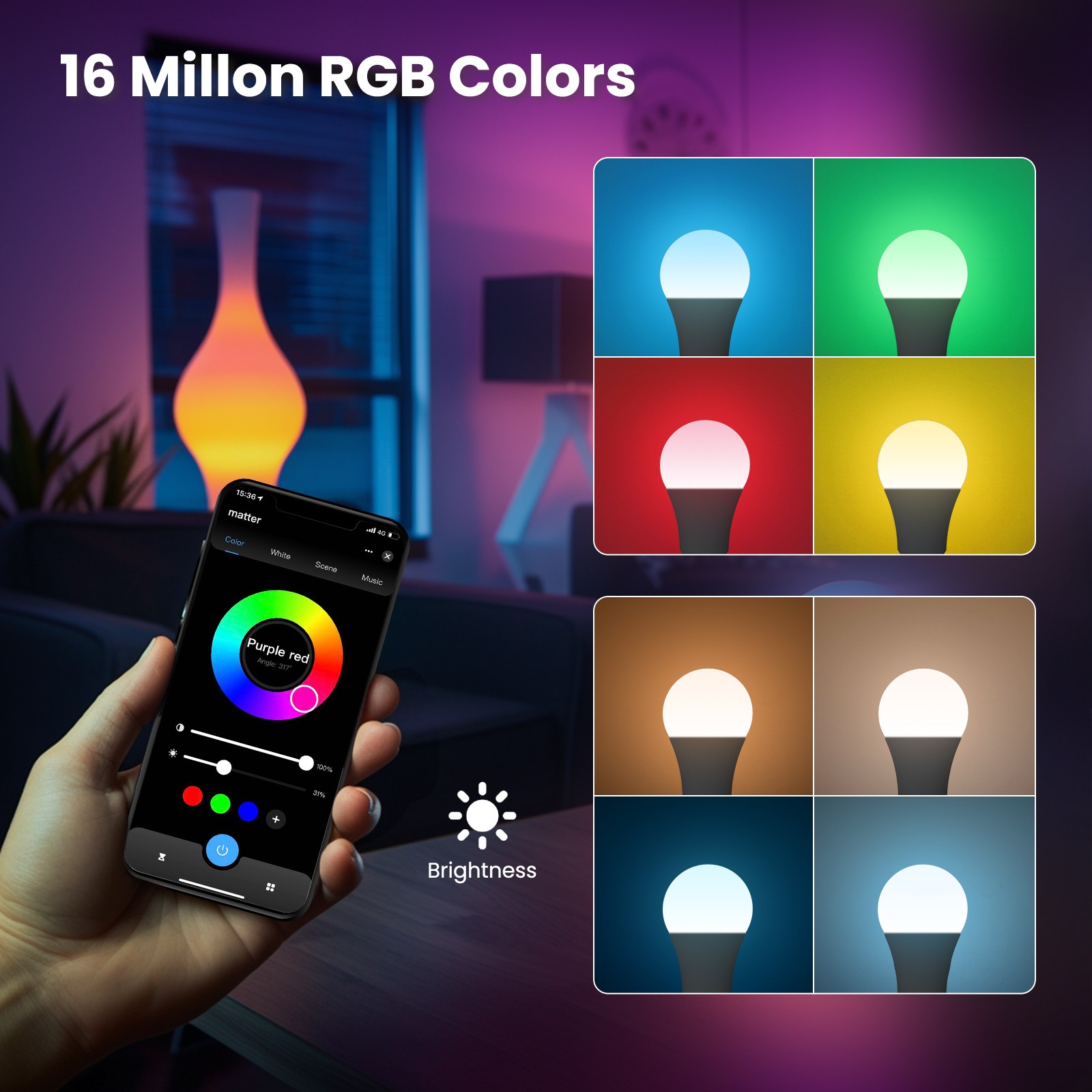 Bombilla inteligente MOES Tuya Matter WiFi: luz LED regulable con 16 millones de colores RGB, luz de burbuja E27, control por voz a través de Alexa y Google Home.