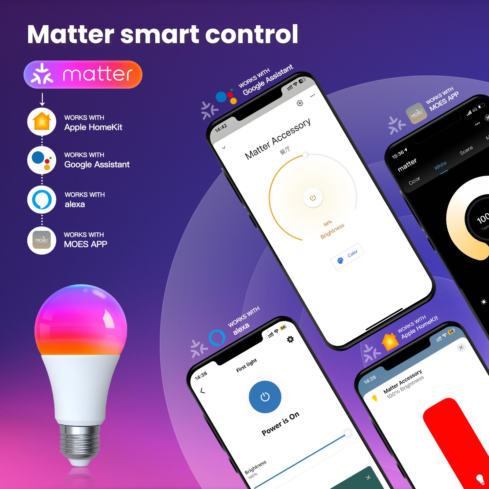 Bombilla inteligente MOES Tuya Matter WiFi: luz LED regulable con 16 millones de colores RGB, luz de burbuja E27, control por voz a través de Alexa y Google Home.