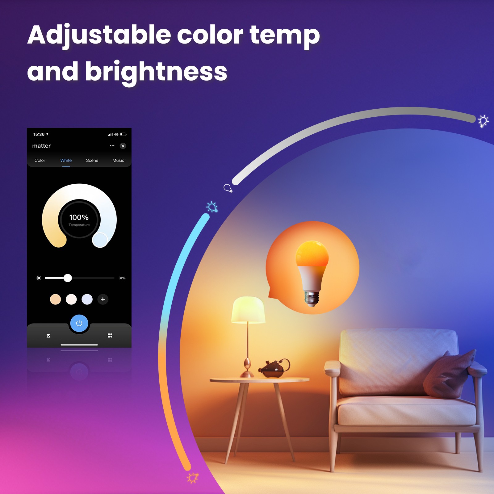Bombilla inteligente MOES Tuya Matter WiFi: luz LED regulable con 16 millones de colores RGB, luz de burbuja E27, control por voz a través de Alexa y Google Home.