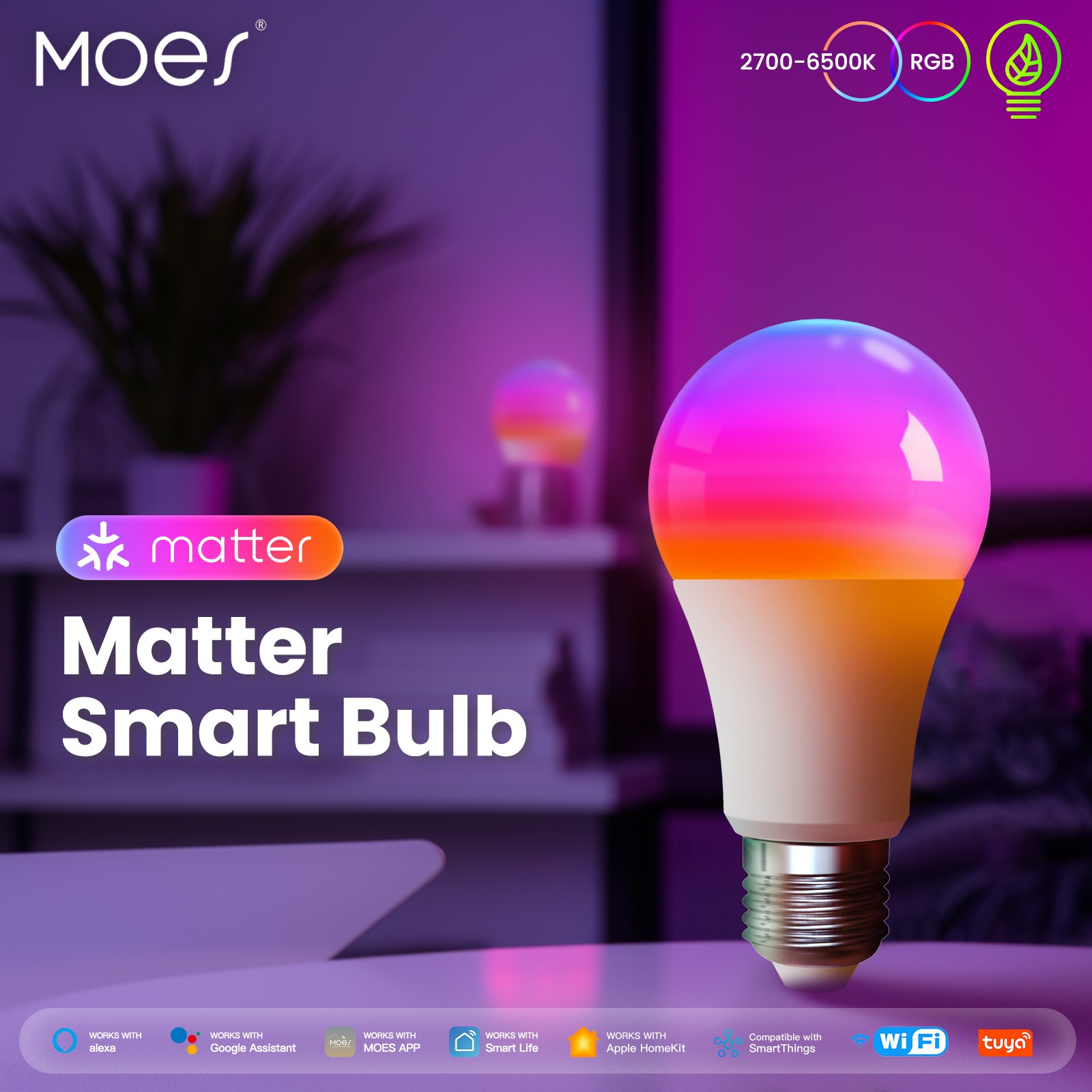 Bombilla inteligente MOES Tuya Matter WiFi: luz LED regulable con 16 millones de colores RGB, luz de burbuja E27, control por voz a través de Alexa y Google Home.