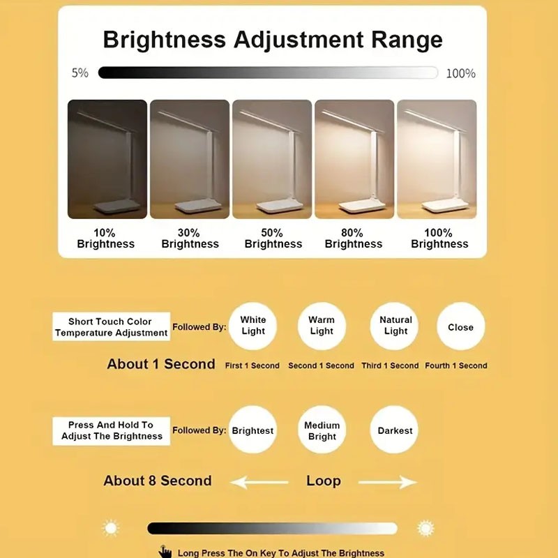 Lámpara de mesa plegable con protección ocular, LED táctil regulable de 3 colores, luz de escritorio flexible de 360°, lámpara de lectura de noche, recargable por USB
