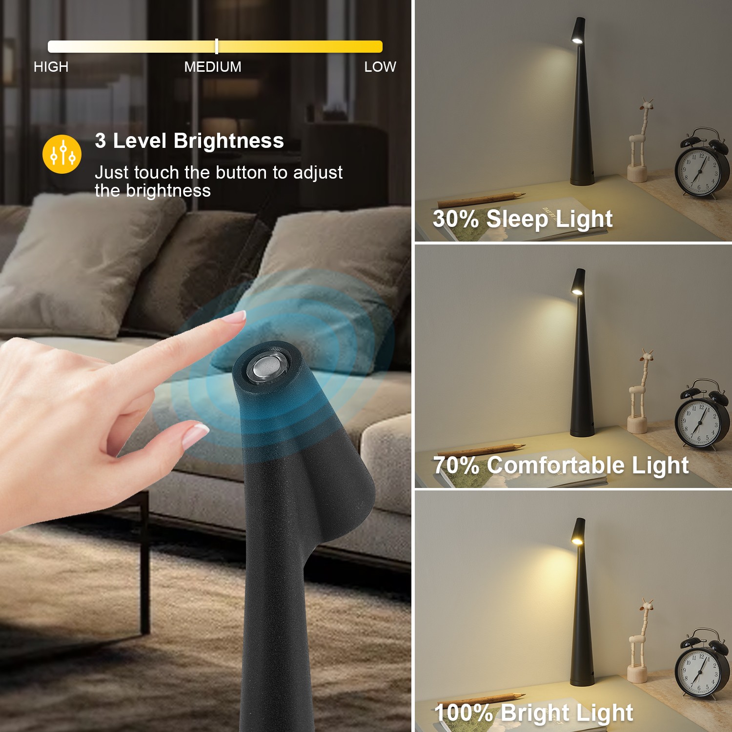 Lámpara de escritorio de diseño con poste vertical: luz de lujo con carga USB, ideal para dormitorio y mesita de noche.
