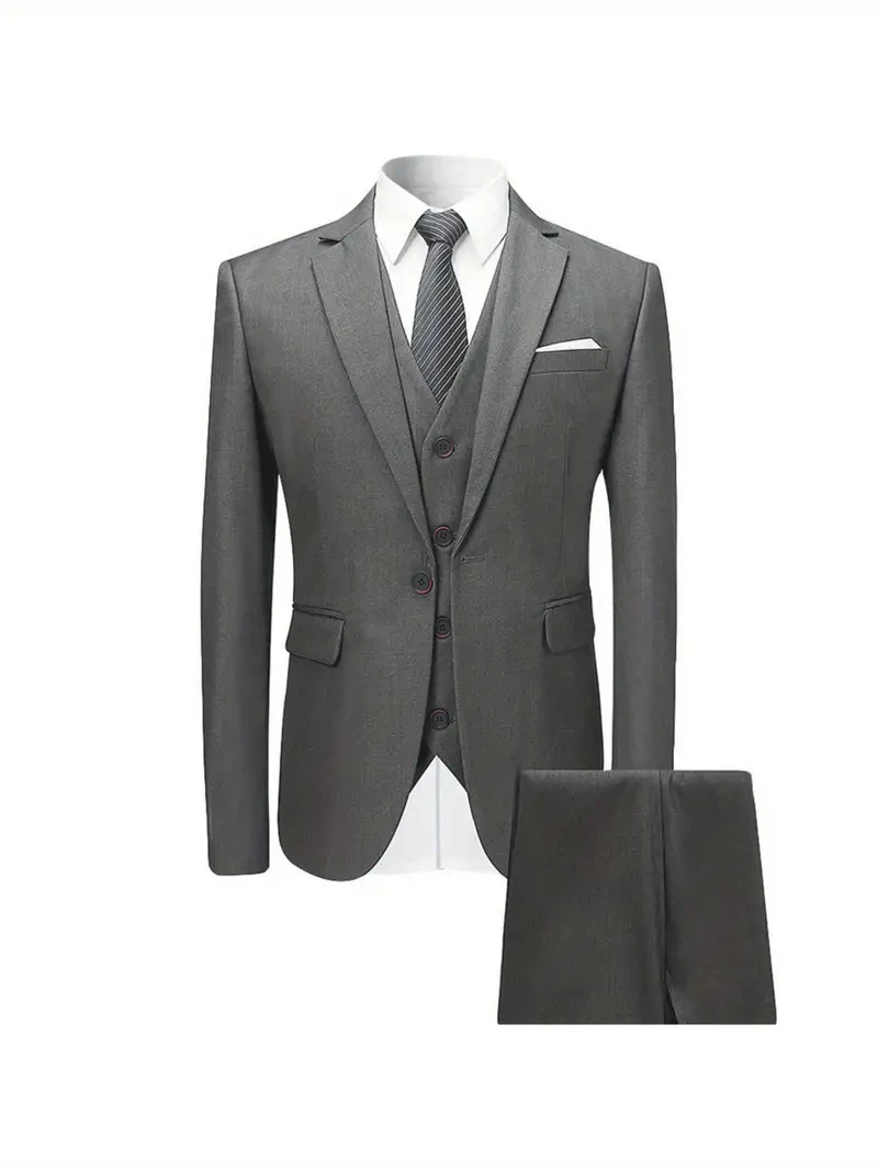 Conjunto de traje clásico de 3 piezas para hombre, color liso, con chaqueta, chaleco y pantalón de botonadura sencilla, estilo formal.