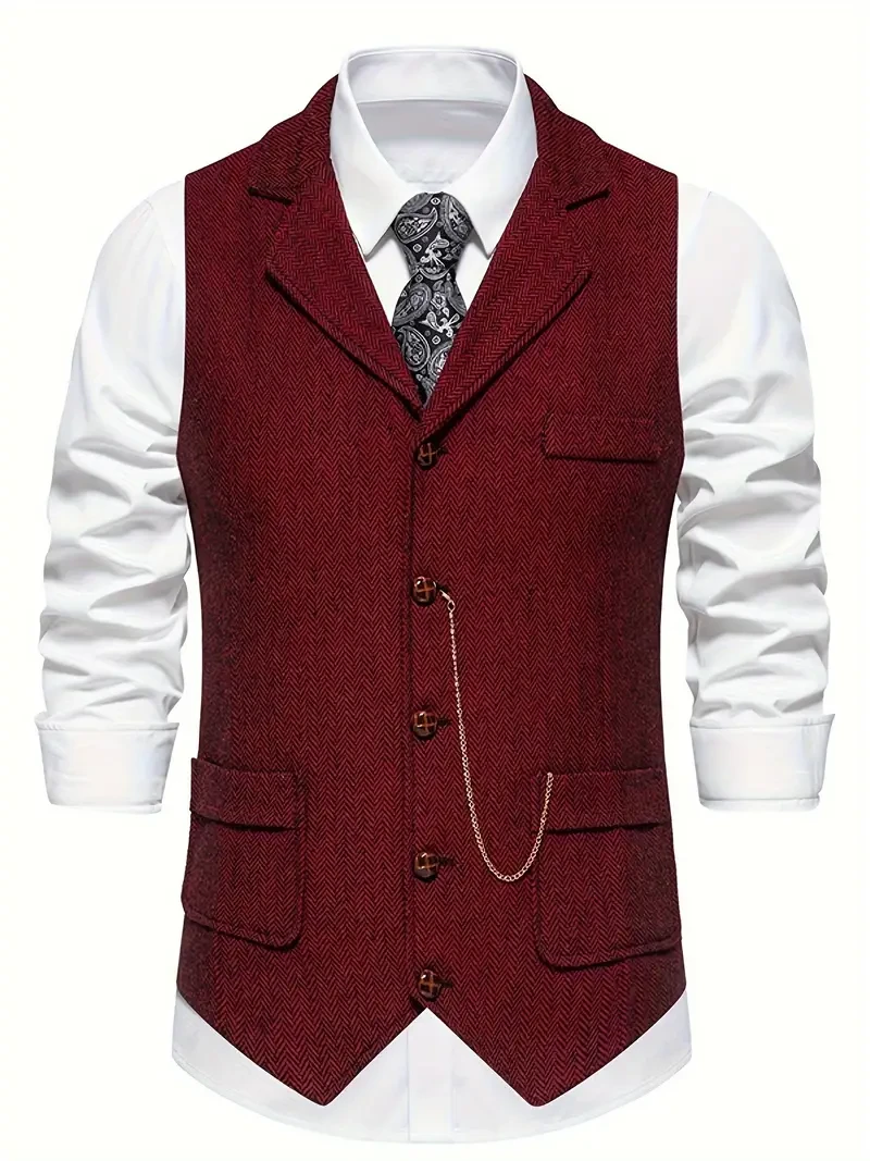 Chaleco de vestir vintage de espiga para hombre: moderno cierre de un botón y elegante solapa con muesca. Perfecto para reuniones profesionales, bodas y ocasiones especiales.