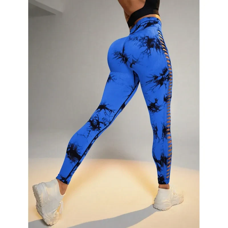 Pantalones de yoga ajustados con estampado tie-dye hueco para mujer