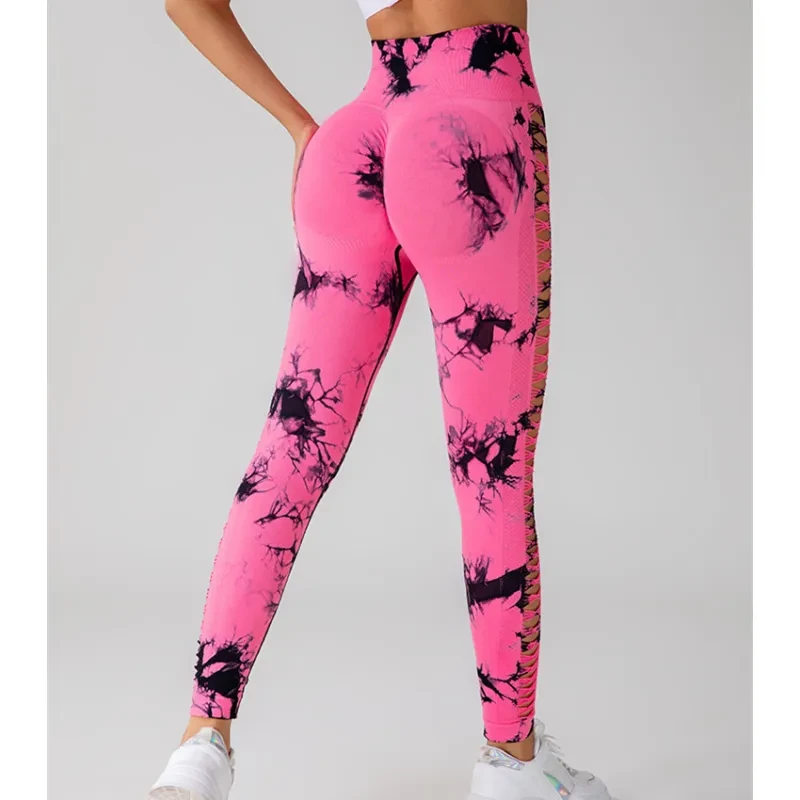Pantalones de yoga ajustados con estampado tie-dye hueco para mujer