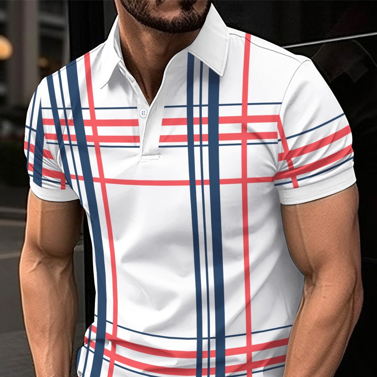 Camisa deportiva de manga corta con botones y solapa estampada para hombre