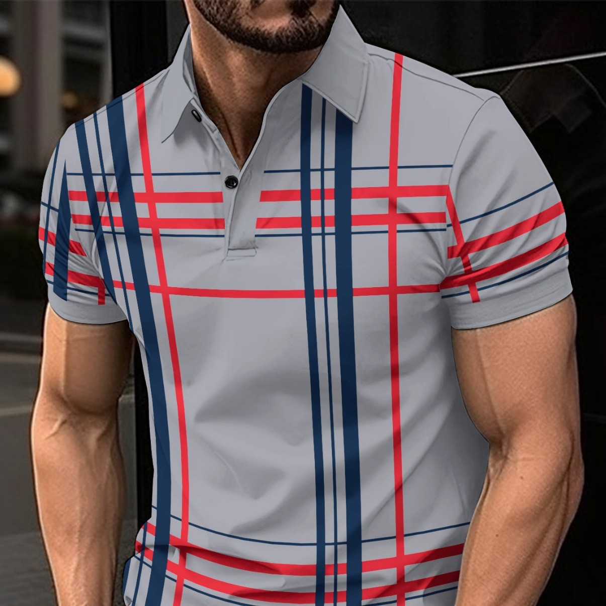 Camisa deportiva de manga corta con botones y solapa estampada para hombre