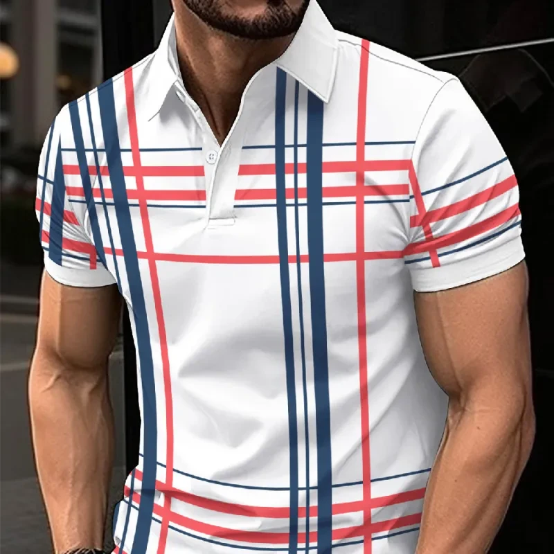 Camisa deportiva de manga corta con botones y solapa estampada para hombre