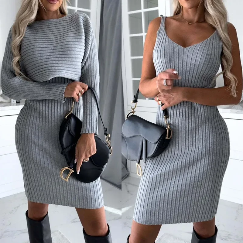 Conjunto de 2 piezas de top y falda de manga larga a rayas para mujer