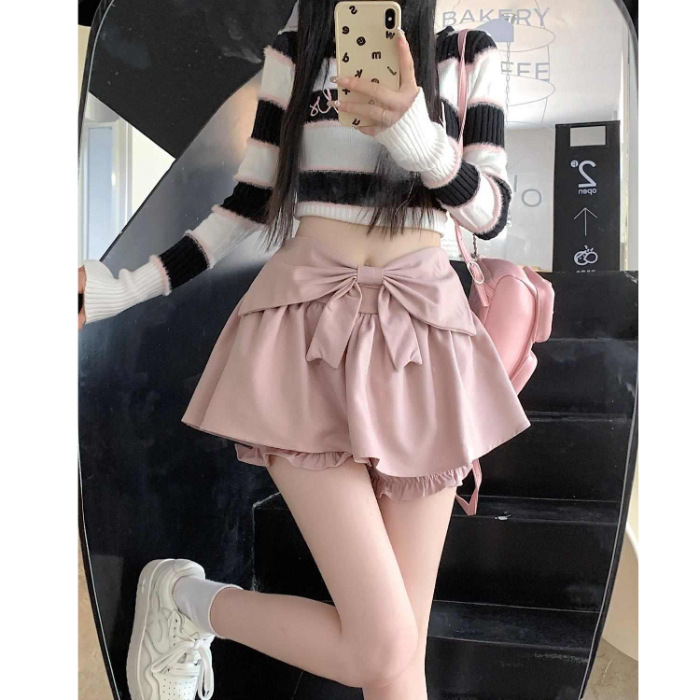 Falda corta para chica, sexy, dulce, de pierna larga, con lazo, para primavera, nueva, sencilla, negra, a juego.