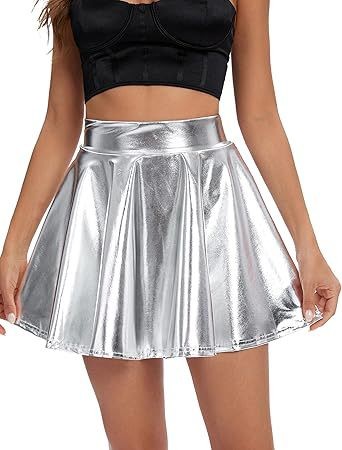 Falda mini acampanada elástica brillante de cintura alta para mujer
