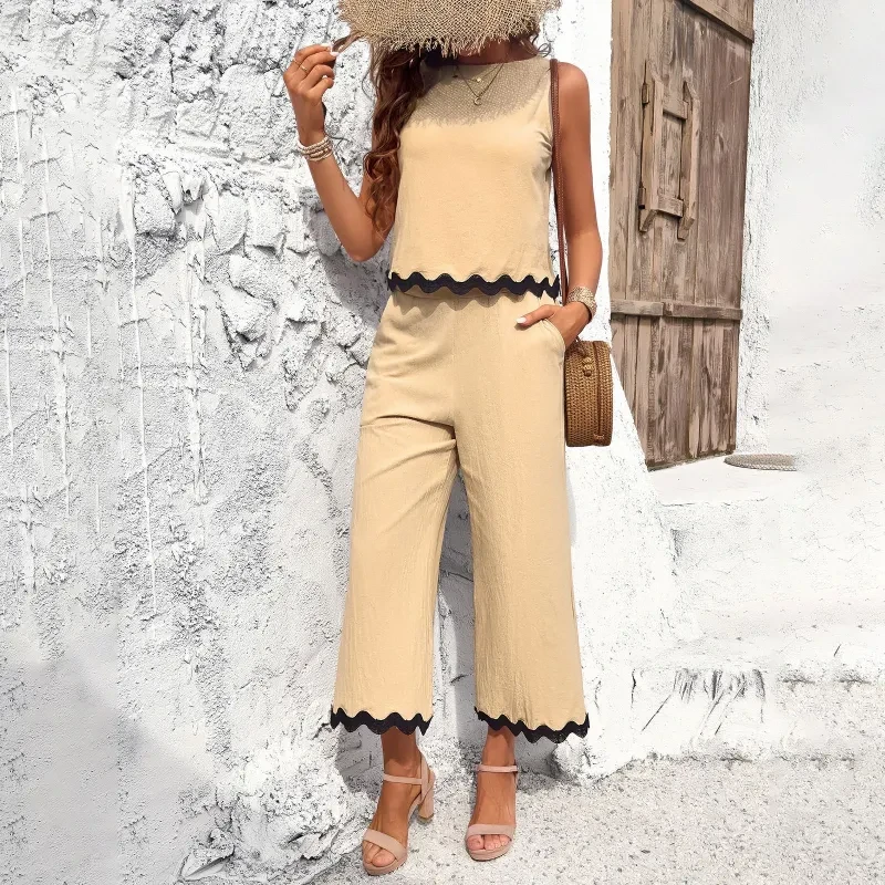 Conjunto de top y pantalón sin mangas con estampado de ondas de verano