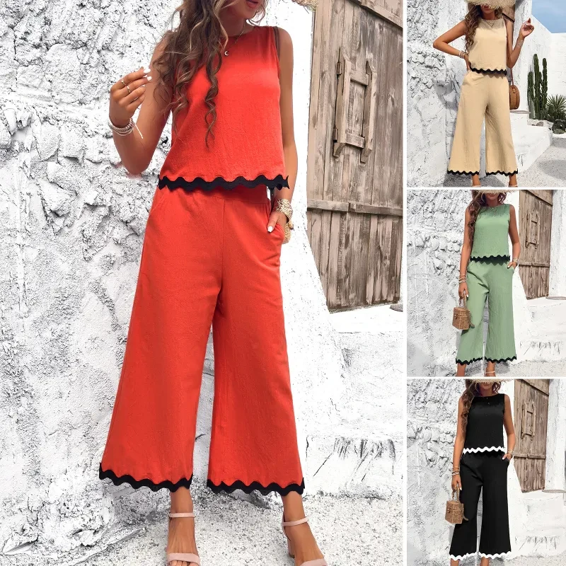 Conjunto de top y pantalón sin mangas con estampado de ondas de verano