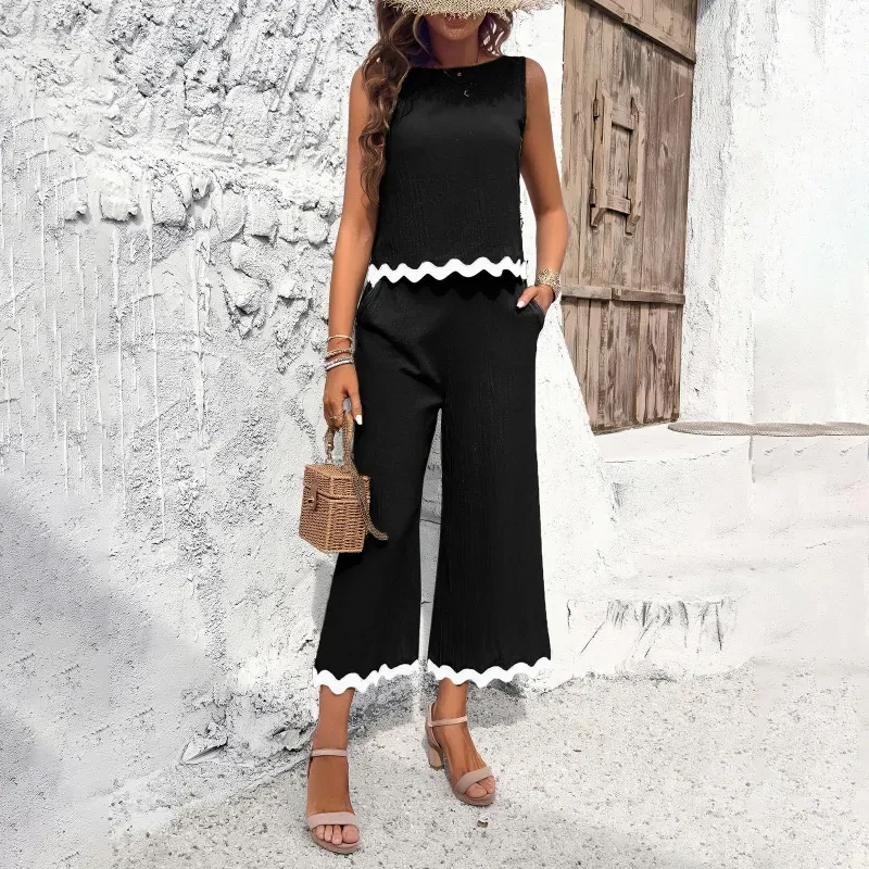 Conjunto de top y pantalón sin mangas con estampado de ondas de verano