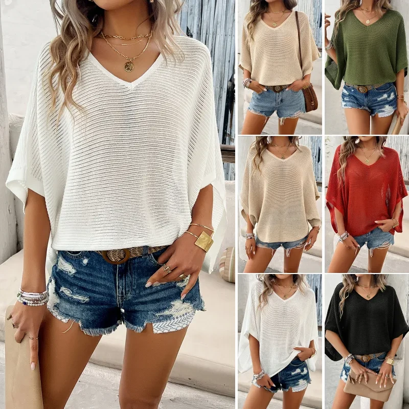 Top de verano con cuello en V y mangas murciélago