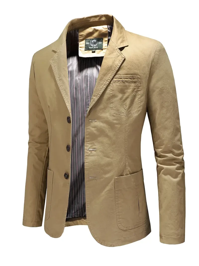 Blazer informal de algodón para hombre, chaqueta de traje de corte holgado y manga larga, ideal para todas las estaciones, con bolsillos.