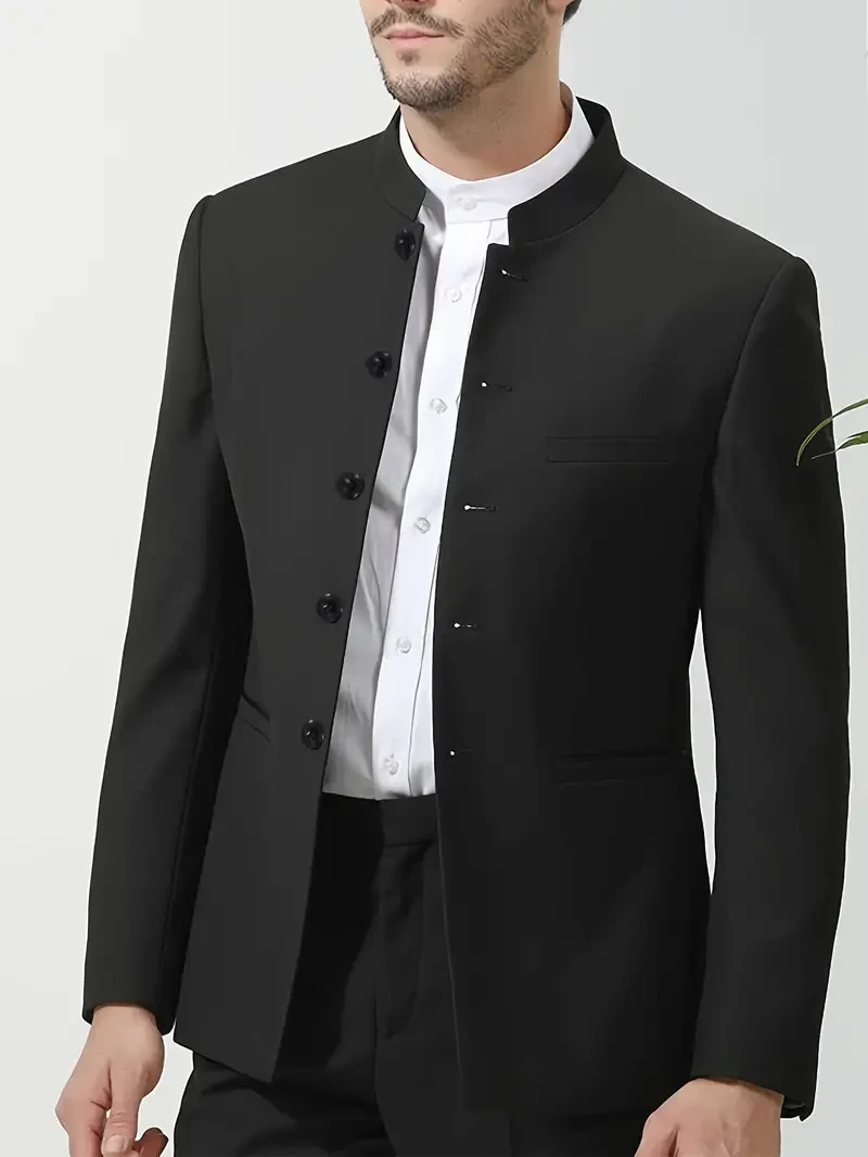 Blazer de traje tradicional chino con cuello mandarín para hombre, chaqueta de botonadura sencilla para ocasiones formales.